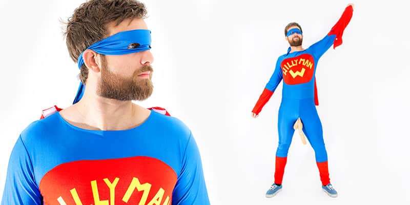 Two images of a man wearing the Willy Man costume, as well as a close up of the mask