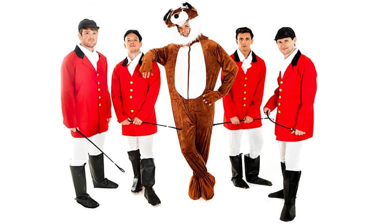 Four men in Fox Hunter costumes and a man in a fox costumes