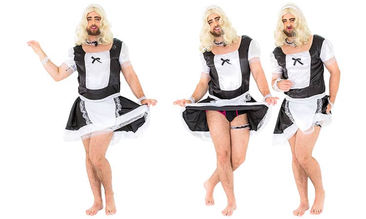 Three tiled images of a man in a French Maid costume, against a white backdrop