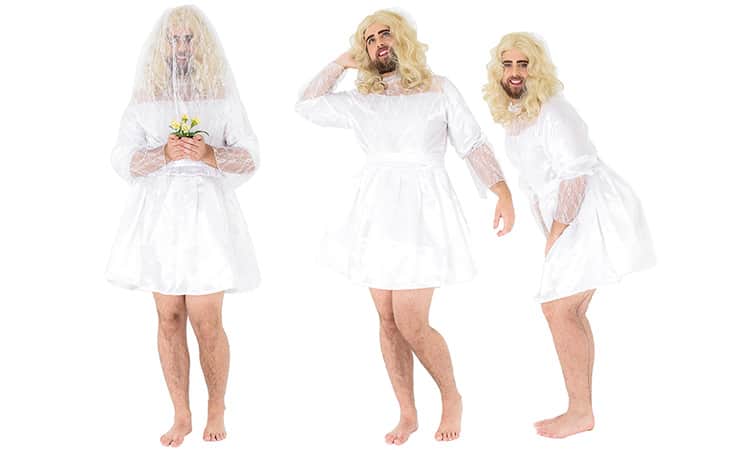 Three tiled images of a man in a short, white lace wedding dress, against a white backdrop