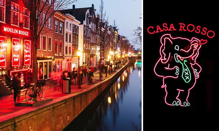 Two tiled images of Amsterdam's Red Light District and Casa Rosso's neon logo
