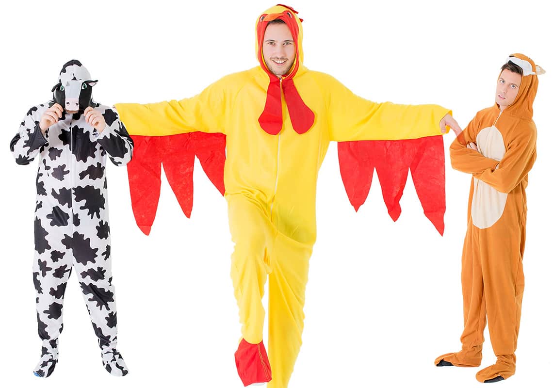 Three male models dressed as farmyard animals