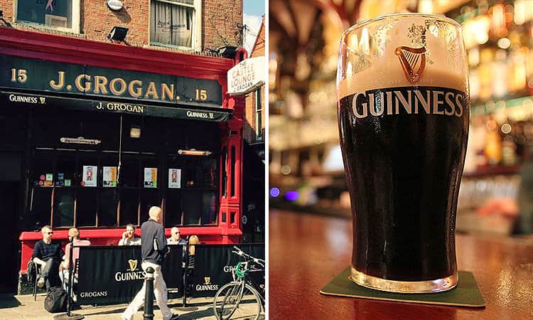 The exterior of Grogan's Castle Lounge and a pint of Guinness