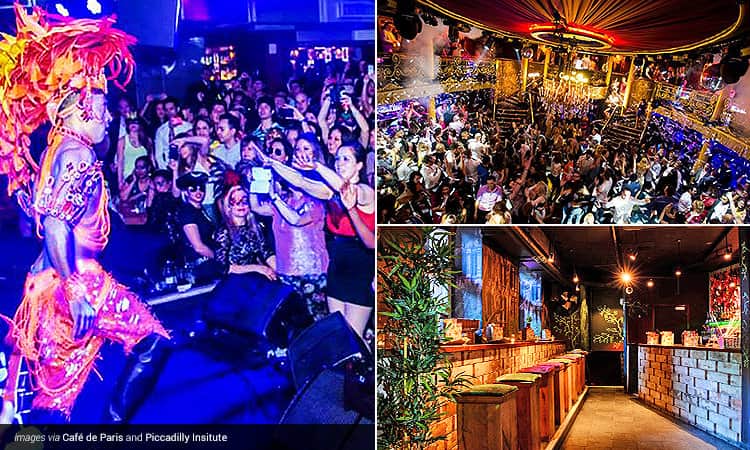 Three tiled images - including a man in feathered headwear and carnival clothing performing to a crowd on stage, the colourful bar stools and bar in Piccadilly Institute and a crowd of people on a dancefloor