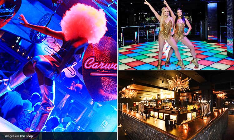 Three tiled images - including a woman in silver go go boots and afro dancing on stage, two women in gold leotards posing on a disco dancefloor and the black bar at The Loop, London
