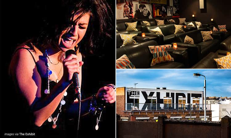 Three tiled images - including one of a woman singing into a mic, one of The Exhibit's, London, outdoor terrace and one of the cinema at The Exhibit