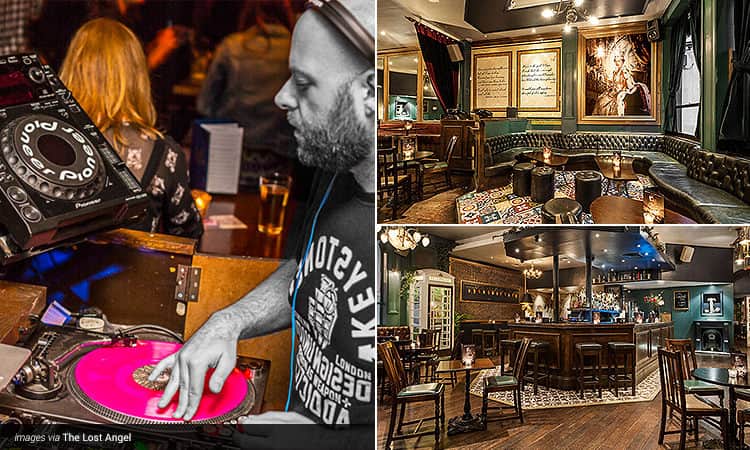 Three tiled images - including one of a DJ spinning a pink record, one of the seating area at Lost Angel, London, and another image of the tables and chairs at Lost Angel