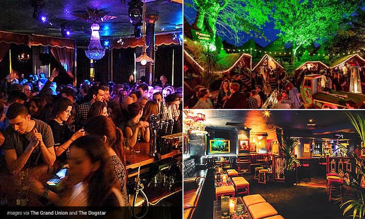 Three tiled images - including one of people queuing at the bar in a busy club, one of the famous beer garden at The Grand Union Brixton, and one of the seating area and tables at The Grand Union Brixton