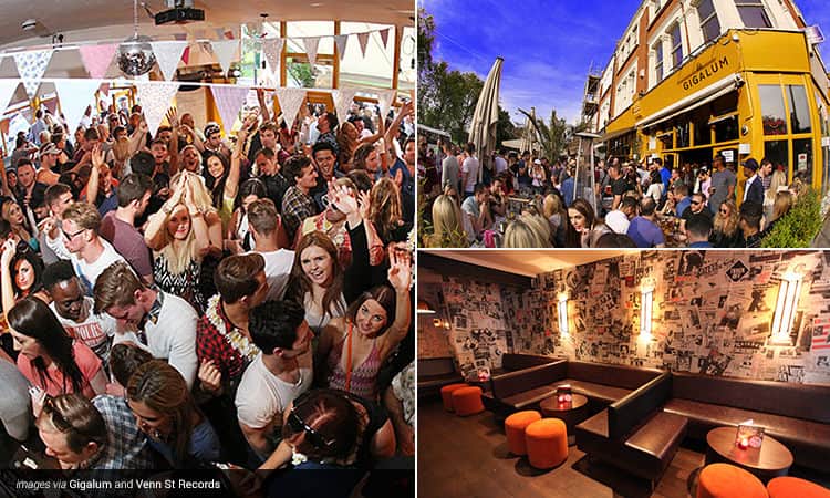 Three tiled images - including one of people celebrating inside a bar with bunting above them, a group of people outside Gigalum bar during the day, and one of the seating area in Venn St Records, London