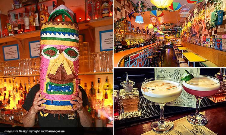 Three tiled images - one of a barman holding a mask to his face, one of the interiors of The Barrio Angel and one of two cocktails