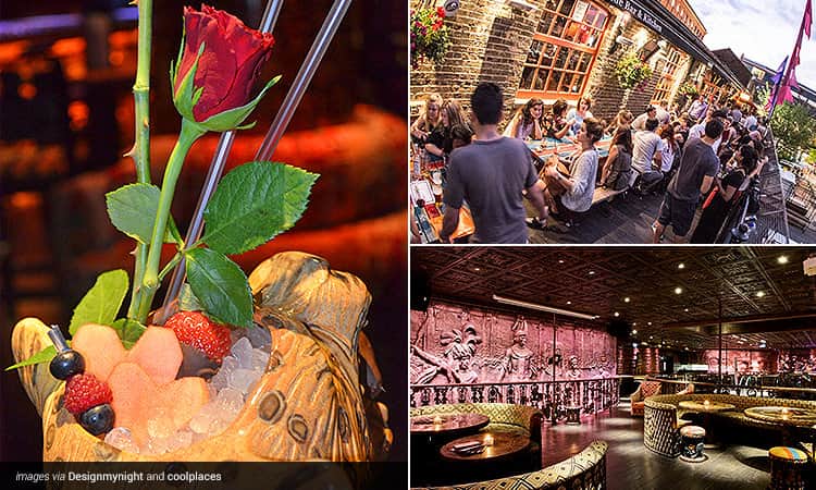 Three tiled images - one of a Valentine's cocktail, the exterior of a Camden Town bar and the interiors of a Camden club