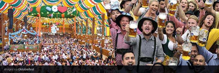 Three tiled images - one of people sat in a colourful beer tent, and one of a group of men holding beer steins up in the air