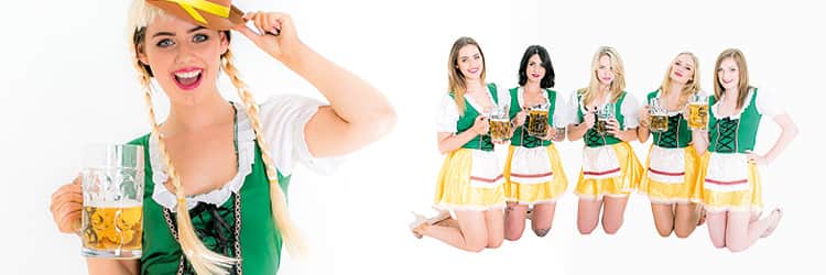 Two tiled images - close up of a woman in a Bavarian costume, and five women in Bavarian costumes on their knees