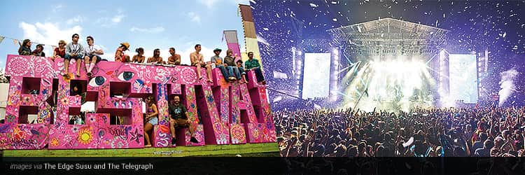 Three tiled images - one of the pink Bestival logo on the field and people sat on it, and one of a crowd watching a stage at night with confetti falling on them