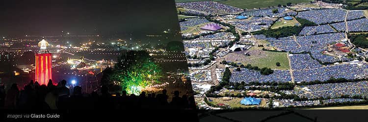 Three tiled images - one of Glastonbury at night with lights lit up, and a birds eye view of the Glastonbury tent field site