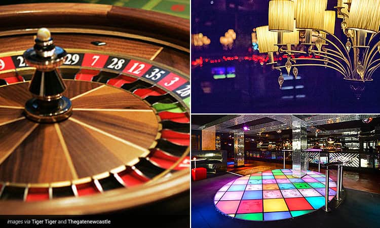 Three tiled images - one of a roulette wheel, one of a multicoloured dancefloor and one of an atmospheric lampshade