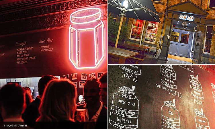 Four images of Jam Jar, Jesmond - including two of the menu boards, one of people in the bar and another of the exterior