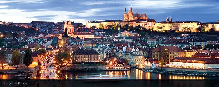 Prague city skyline at night and lit up