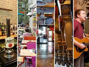 Five tiled images - including one of an Abbot Ale beer tap, tables and chairs outdoors in a terrace, an empty bar, and a man playing a guitar 