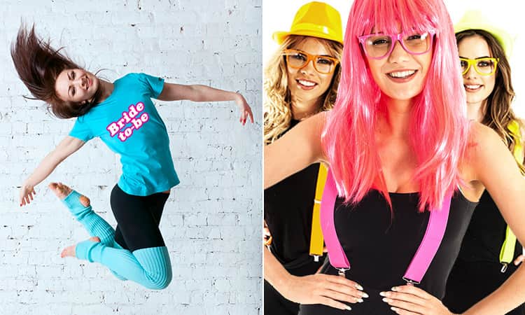 Two tiled images, one of a woman jumping in a blue Bride-to-Be T-shirt, and one of a woman in a pink wig and pink braces with women in the background