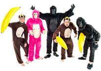 stag group dressed as a black gorilla, a neon pink gorilla and a three little monkeys