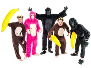 Five men in gorilla and monkey costumes