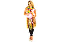 sexy hula girl in grass skirt holding an inflatable pink flamingo
