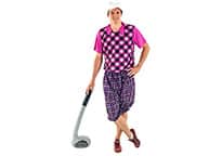 man dressed in comedy golf clothes and leaning casually on an inflatable golf club