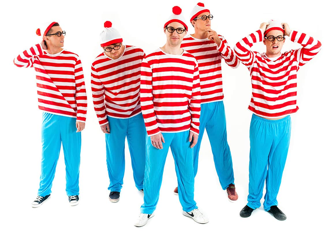 a stag group dressed as Where's Wally looking lost
