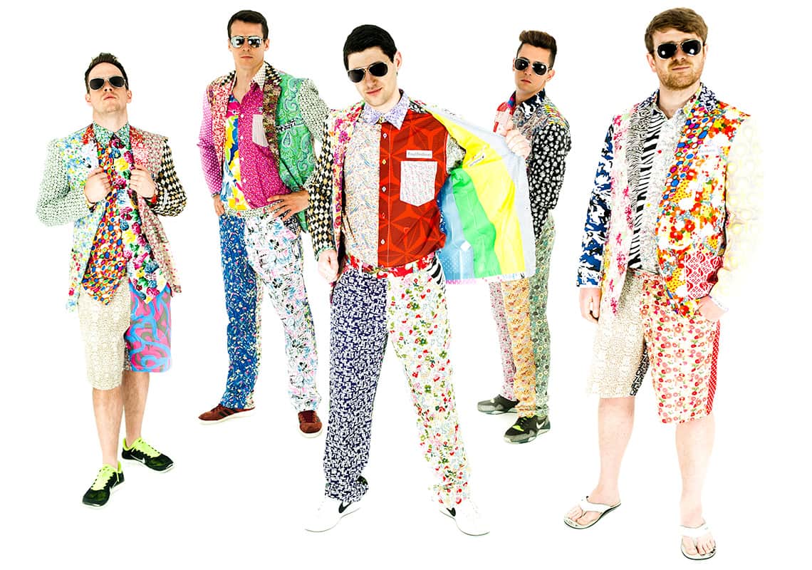 five men in hideous floral and paisley outfits