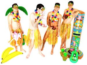 Four men in Hawaiian hula costumes and posing with accessories
