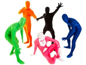 Five men in colourful morphsuits