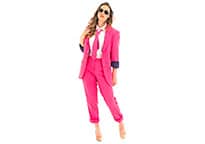 beautiful woman in masculine tailored pink suit