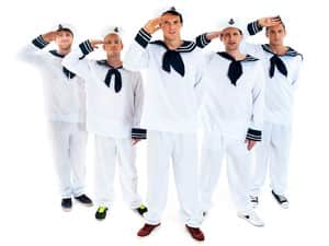 Five men saluting in sailor costumes