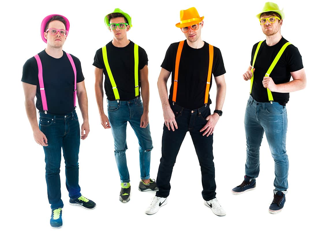 Four men in neon braces, hats and glasses