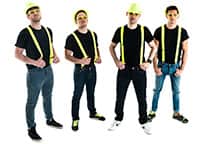 Four men in yellow neon braces, hats and glasses