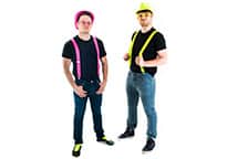 Two men in neon pink and yellow braces, glasses and hats