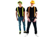 Two men in neon orange and green braces, glasses and hats