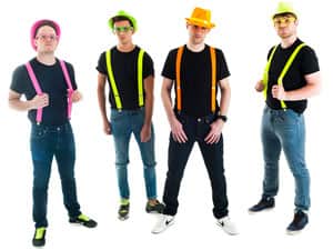 Four men in neon braces, hats and glasses