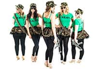 back shot of five gorgeous women in hen party army costumes