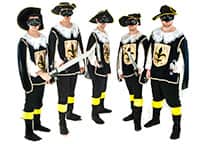 five musketeers with eye masks and swords