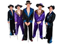 five men in black and purple pimp costumes