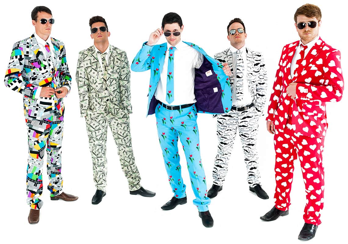 five men looking outrageously cool in colourful patterned suits