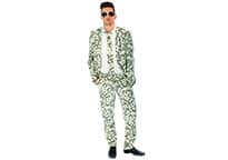 a man in a suit covered in dollar bills, baby