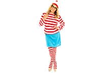 five women dressed in where's wally costumes looking around confused