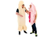 two men wearing massive penis and vagina costumes