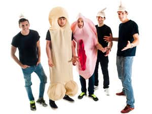 Two men in a vagina and penis costume, with three men stood around in penis hats