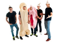 a stag group - one man dressed as a giant penis, another as a giant vagina and three wearing willy caps