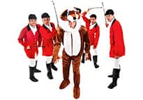 a stag group dressed as four huntsmen and one giant fox