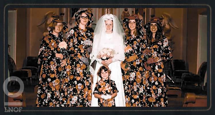 1970s bridesmaids in floral dresses that look like curtains